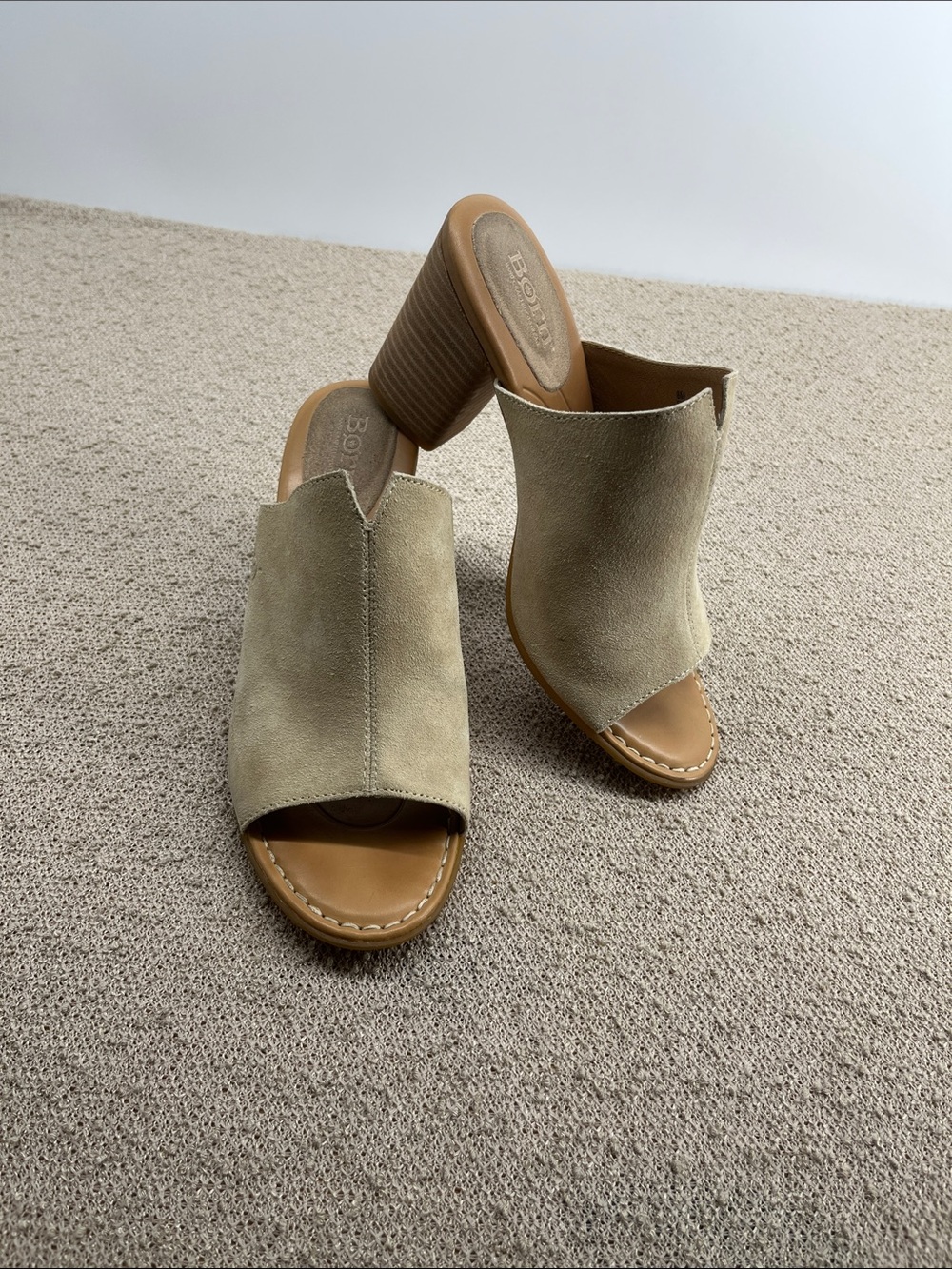 Born Women's Beige Suede Open-Toe Block Heel Mules